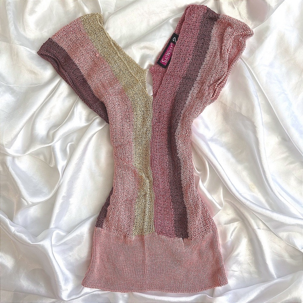 Say What? Pink Striped Knit V-Neck Cap Sleeve Top Small Y2K Rayon Gold Metallic